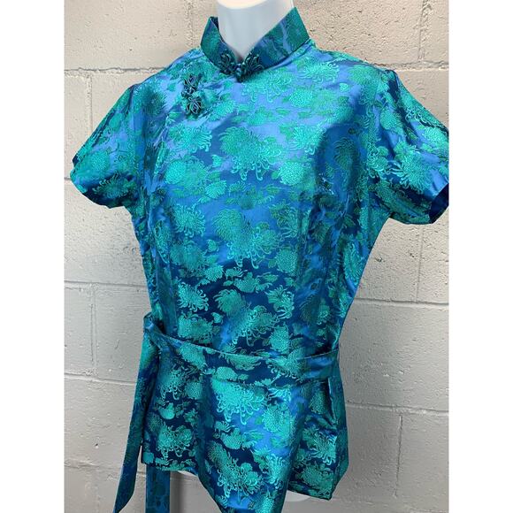 Vintage 60s Turquoise Brocade Silk Cheongsam Blouse Mandarin Collar - Picture 5 of 10